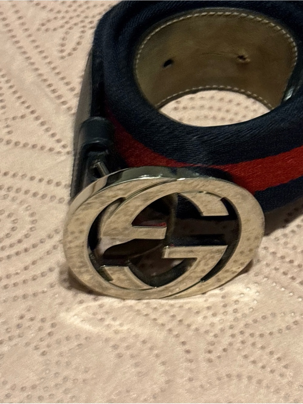 Gucci Navy and Red Web Stripe Leather Belt with Silver GG Buckle